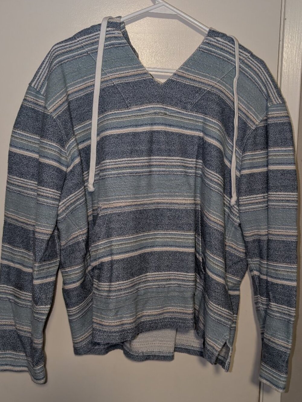 Lucky Brand Men’s L Baja Hoodie Blue Striped 100% Cotton Pullover Sweater